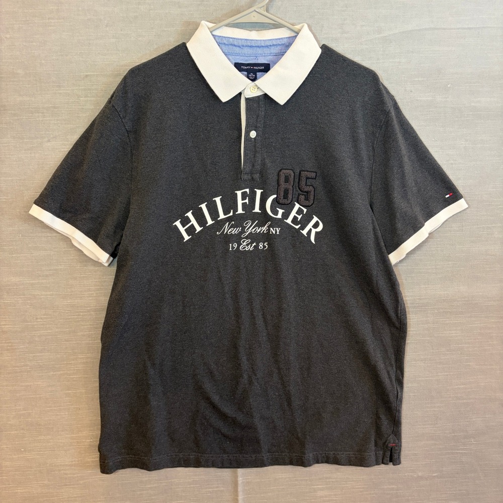 Tommy Hilfiger Polo‎ Shirt XL Gray 85 Logo Preppy Streetwear Cotton Top - Picture 2 of 11